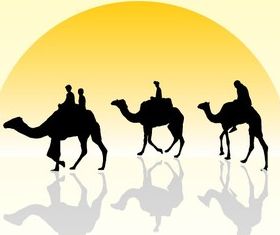 Camel Caravan Silhouette with Sunset vectors