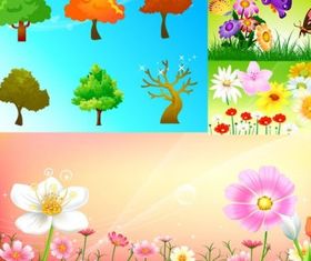 Flowers and trees butterflies vectors