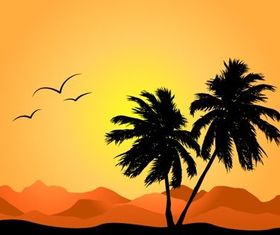 Coconut trees and mountain silhouette vector