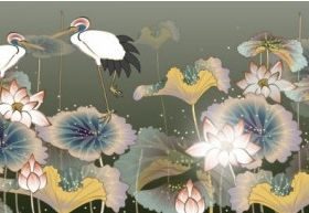 white crane and lotus set vector
