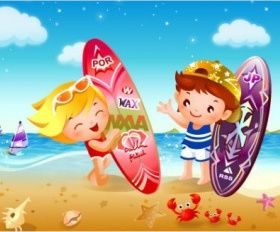 children beach surfing vector