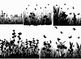grass and butterflies silhouette vector