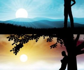 sunset silhouette and characters vector