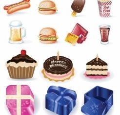 birthday goods and fast food vector graphic