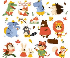 Autumn icons stylized animals leaf cartoon vector