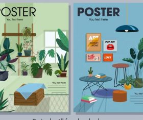 Furnitures poster templates houseplants decor vector