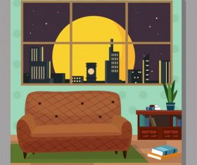 Room decor template sofa bookshelf window vector graphics