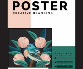 Nature poster template cute sparrow blooming flower decor illustration vector