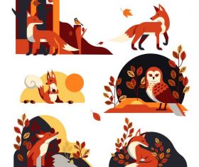 Autumn elements wild fox owl leaves vector