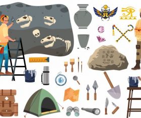 Archaeology elements tools people cartoon set vector
