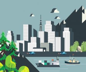 City scene painting modern buildings riverside mountain vector