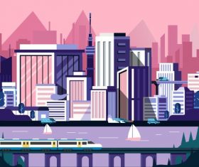 Downtown painting skyscrapers train riverside scene vector