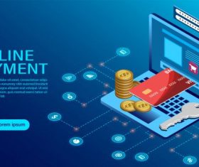 Online payment with computer protection money in laptop transactions modern flat isometric illustration vector design
