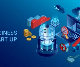 Banner with business start up concept digital marketing business success goal isometric illustration cartoon vectors