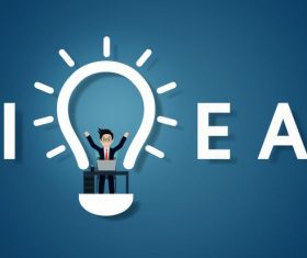 Creative idea text light bulb on blue background businessman in workspace sit at desks with computer vector