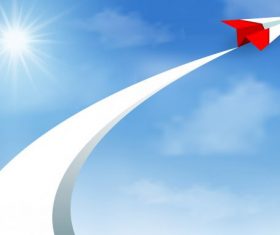 Concept business success paper airplane red flying up to sky beautiful natural landscape to target startup creative idea leadership illustration design vector