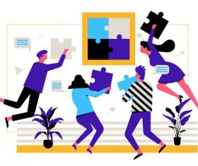 Team work background dynamic staffs jigsaw puzzles set vector