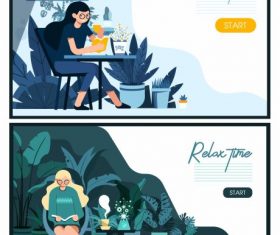 Relax time banners resting lady cartoon vector