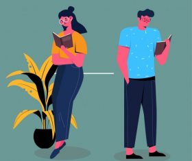 Reading activities icons standing people cartoon characters vector