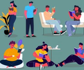 Reading activities icons colored cartoon characters vector