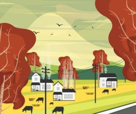 Countryside field scene painting colorful vector set