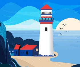 Seaside landscape painting colorful vector material