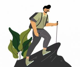Hiking man climbing mountain vector