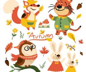 Autumn elements cute stylized animals plants vector
