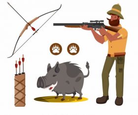 Hunter elements armed man pig vector