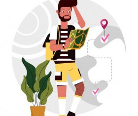 Tourist painting backpacker positioning map cartoon vector material