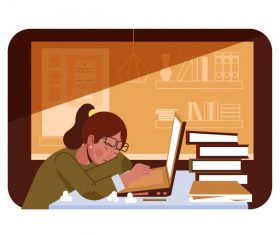 Research background sleepy student book stack cartoon vector