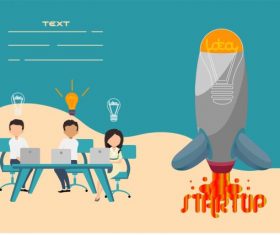Startup banner working staffs lightbulb spaceship lightbulb vector