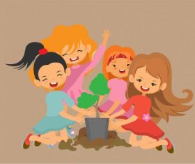 Kids activity background joyful girls cartoon vectors