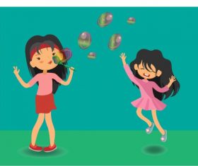 Childhood background girls playing balloons cartoon characters vector