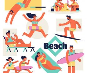 Beach activities icons colored cartoon characters vector