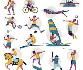 Sports icons cartoon characters colorful dynamic vector