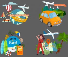 Travel elements vehicles tourists utensils vector
