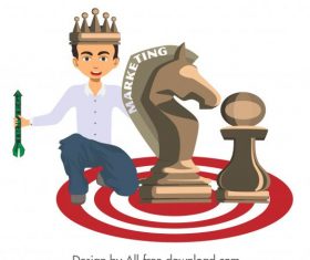 Marketing strategy background king chess pieces icons vector