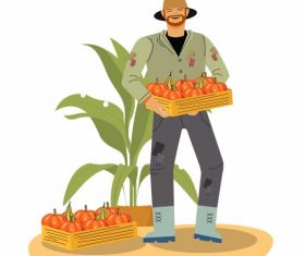 Farming work painting farmer pumpkin products cartoon vector