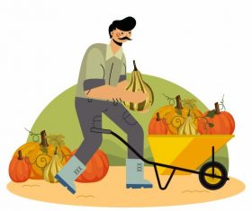 Farming work painting man pumpkins wheelbarrow vector material