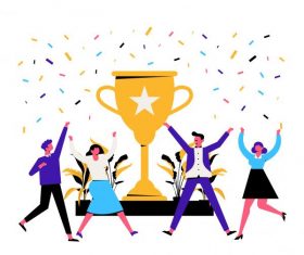Team work background joyful staffs trophy icons vector