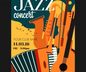 Jazz concert poster instruments colorful flat vector set
