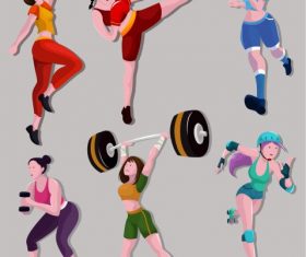Sports girls icons colored cartoon characters vector