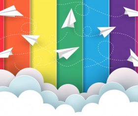 Many paper planes fly on background rainbow colorful cartoon vector