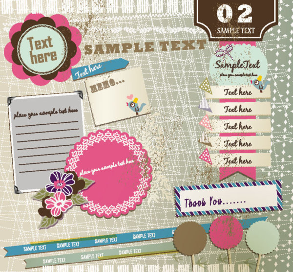 Set of cute Pink Label Stickers vector 01