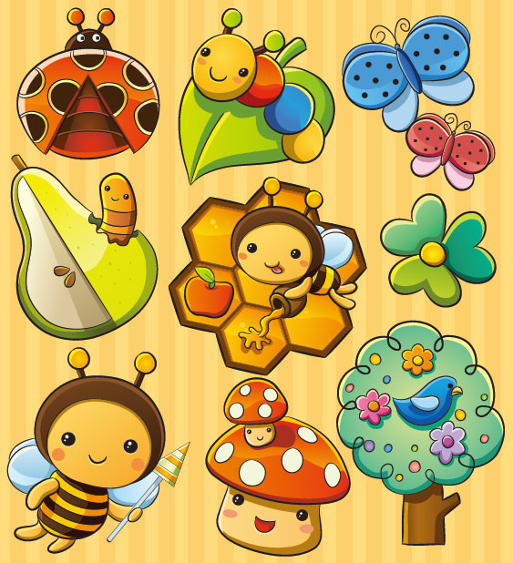 cute cartoon Insects and plants vector 01