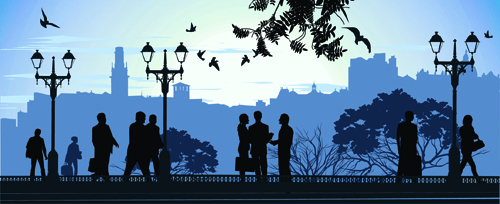 Romantic of City with People Silhouettes vector 01