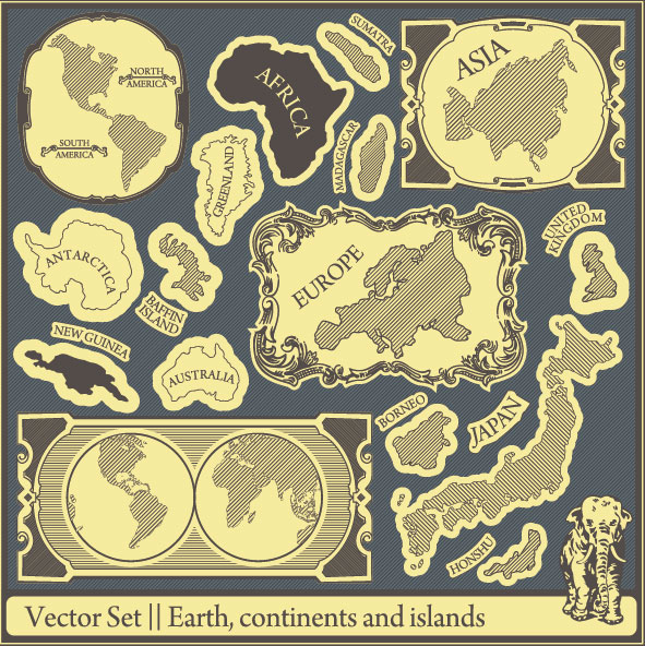Retro Earth,continents and islands labels vector 01