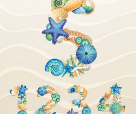 Set of marine life font on sand vector 08