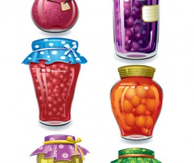 Canned fruits in glass jars vector 01
